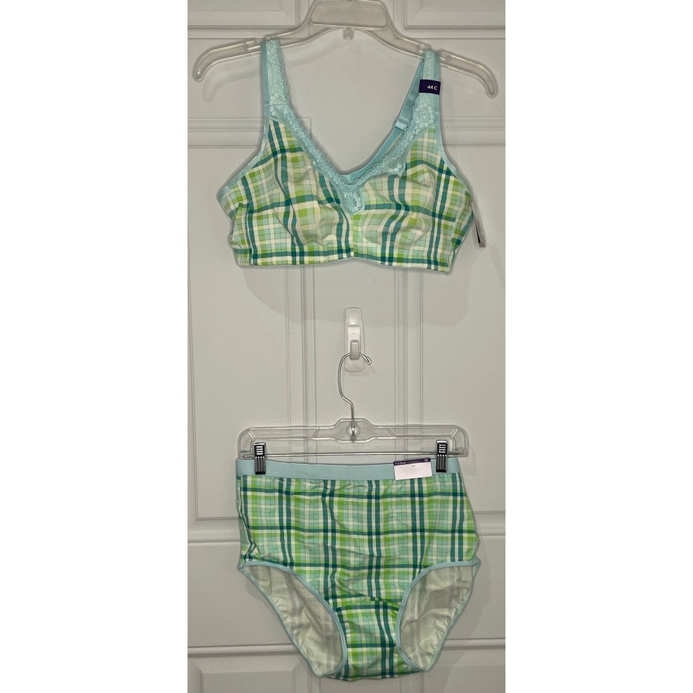 Catherines Cotton Comfort No-Wire Bra 44C & Full Brief Panty 10 Set Green Plaid
